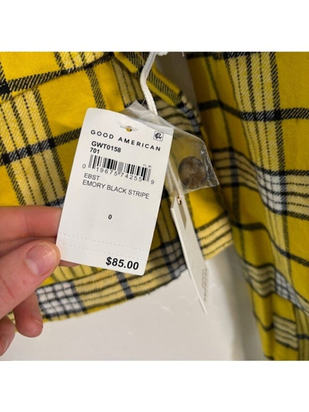 Good American Women's Flannel Size 0 Cropped Plaid Shirt Yellow & Black NEW - Picture 4 of 7